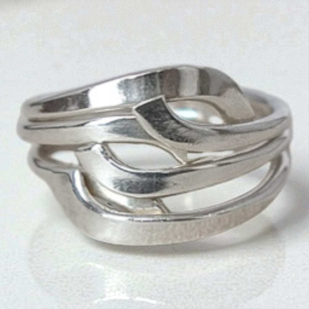 Sterling Silver 925 Modernist Abstract Crossover Ring Sculptural Size 8.5